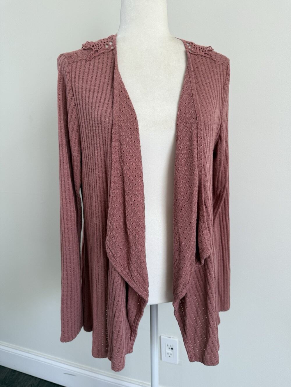 Knox Rose Women Open Front Knit Cardigan Top LS Crochet Back Dusty Rose L